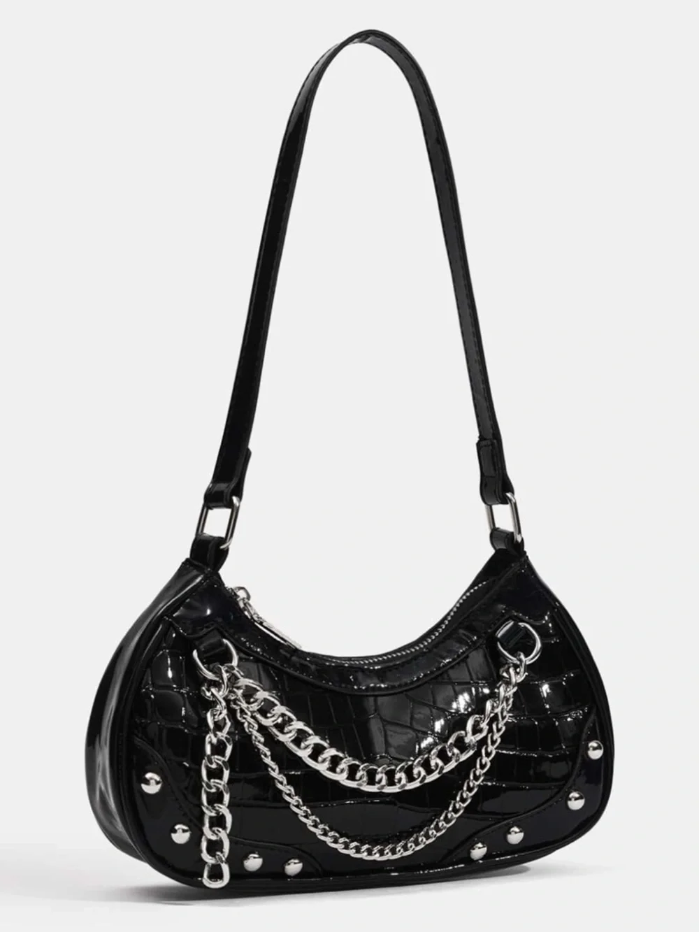 Y2K Black Croc Embossed Chain Shoulder Bag